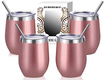 ZONEGRACE 4 pack Rose Gold 12 Oz Stainless Steel Stemless Wine Glass Mug, Double Wall Vacuum Insulated thermal Wine Tumbler with Lids Set of 4 for Coffee, Wine, Cocktails, Ice Cream Including 4 Straws Online Sale