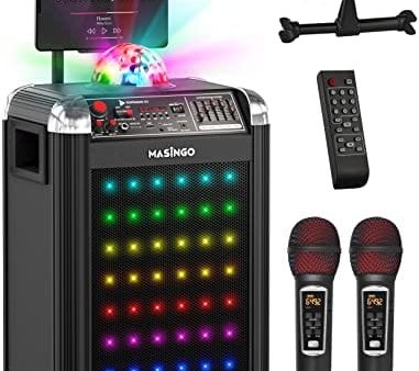 MASINGO Karaoke Machine for Adults & Kids with 2 Wireless Microphones - Portable Singing PA Speaker System w Two Bluetooth Mics, Party Lights, Lyrics Display Holder & TV Cable - Soprano X1 Black Discount