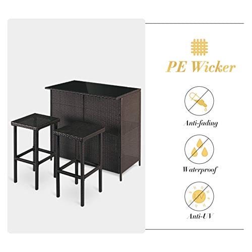 SUNCROWN Outdoor Bar Set 3-Piece Brown Wicker Patio Furniture - Glass Bar and Two Stools with Cushions for Patios, Backyards, Porches, Gardens or Poolside Fashion