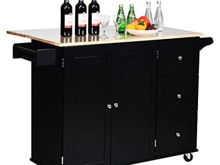 GLACER Kitchen Island Cart on Wheels, Rolling Kitchen Island with Drop Leaf Top, Kitchen Trolley Cart with Drawers, Towel Rack & Bottle Rack, 53.5 x 30 x 36 inches (Black) on Sale