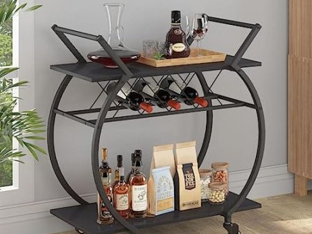 LVB Black Wine Cart with Wheels, Modern Bar Cart with Wine Rack, Industrial Beverage Rolling Kitchen Serving Cart with Storage, Metal Wooden Microwave Drink Liquor Cart for Home Dining Room, Black Oak Discount