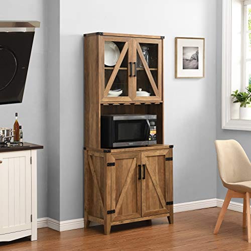 Bar Cabinet with Upper Glass Cabinet and Reclaimed Barn Wood Finish Online Sale