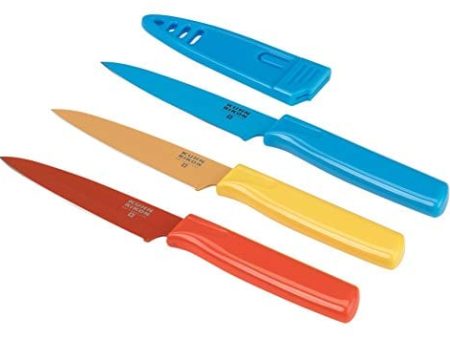 Kuhn Rikon Straight Paring Knife with Safety Sheath, 4 inch 10.16 cm Blade, Red, Yellow & Blue (Pack of 1) For Cheap