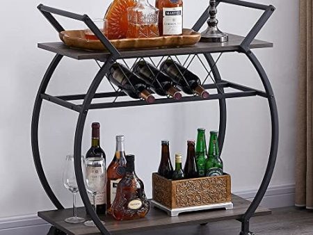 LVB Bar Cart with Wine Rack, 2 Tier Kitchen Coffee Cart on Wheels, Industrial Wood and Metal Portable Liquor Wine Cart for Home, Rustic Modern Mobile Rolling Serving Cart with Shelves, Dark Gray Oak Fashion