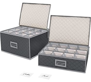 Woffit Wine Glass Storage - Set of 2 Quilted Packing Containers for Mugs & Glassware - Stemware and Coffee Cup Kit, 12pcs per Box w  Insert Cards for Labelling - Gray on Sale