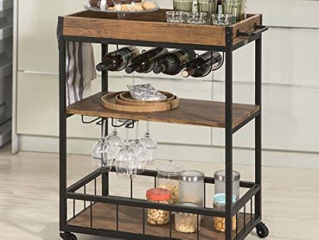 Haotian FKW56-N, Bar Serving Cart, Home Myra Rustic Mobile Kitchen Serving cart with Removable Tray, Industrial Vintage Style Wood Metal Serving Trolley (Brown) For Cheap