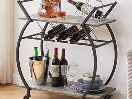 LVB Bar Cart with Wine Rack, 2 Tier Farmhouse Kitchen Cart on Wheels, Modern Wood and Metal Portable Coffee Cart Table for Home, Industrial Mobile Serving Cart with Storage Shelf, Light Grey Oak Fashion