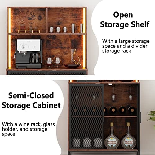 Auromie Wine Bar Cabinet with LED Lights, 4-Tier Coffee Bar Cabinets with Storage Shelves, Industrial Kitchen Storage Cabinet with Wine Rack, Freestanding Liquor Cabinet with Glass Holder, Rustic Online now