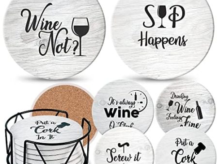 Coasters for Drinks Absorbents with Holder - 6 Pcs Gift Set with 6 Funny Sayings for Wine Lovers - Ceramic Stone with Corked Back, Unique Present for Housewarming, Living Room Decor Online Sale