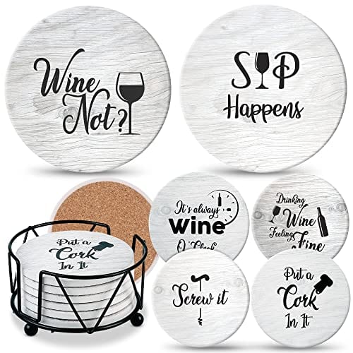 Coasters for Drinks Absorbents with Holder - 6 Pcs Gift Set with 6 Funny Sayings for Wine Lovers - Ceramic Stone with Corked Back, Unique Present for Housewarming, Living Room Decor Online Sale