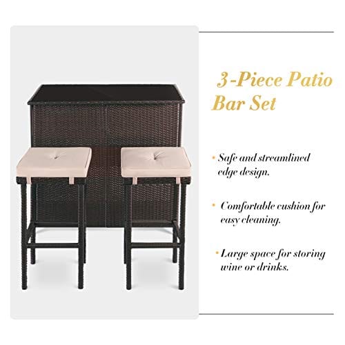 SUNCROWN Outdoor Bar Set 3-Piece Brown Wicker Patio Furniture - Glass Bar and Two Stools with Cushions for Patios, Backyards, Porches, Gardens or Poolside Fashion