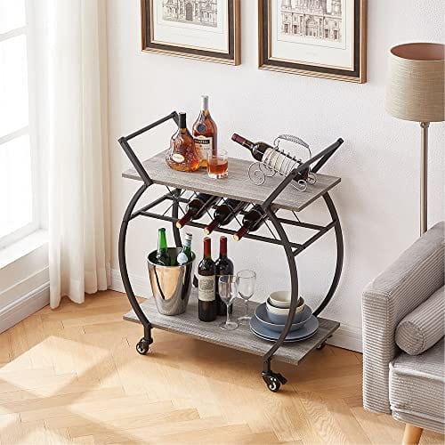 LVB Bar Cart with Wine Rack, 2 Tier Farmhouse Kitchen Cart on Wheels, Modern Wood and Metal Portable Coffee Cart Table for Home, Industrial Mobile Serving Cart with Storage Shelf, Light Grey Oak Fashion