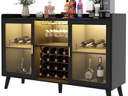 Auromie Wine Bar Cabinet with Led Light, Home Coffee Cabinet with Wine and Glass Rack, Kitchen Buffet Sideboard with Storage Shelves, Freestanding Liquor Cabinet for Living Room, Dining Room, Black Cheap