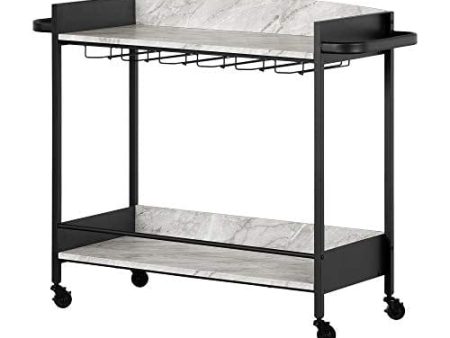 South Shore City Life Bar Cart with Wine Glass Rack, Black and Faux Carrara Marble Supply