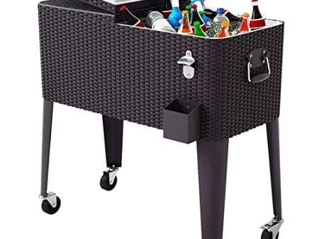 Giantex 80 Quart Rattan Rolling Cooler Cart Outdoor Patio Portable Party Drink Beverage Bar Cold Beach Chest Cart on Wheels, Brown Wicker, 32.7  (L) X18.9  (W) X43.3  (H) Cheap