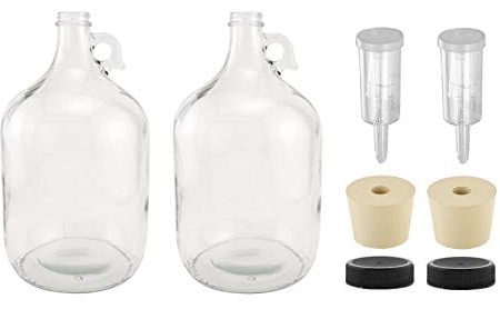 North Mountain Supply - 1G-38-ST-3P-2 1 Gallon Glass Fermenting Jug with Handle, 6.5 Rubber Stopper, 3-Piece Airlock, Black Plastic Lid - Set of 2 For Discount