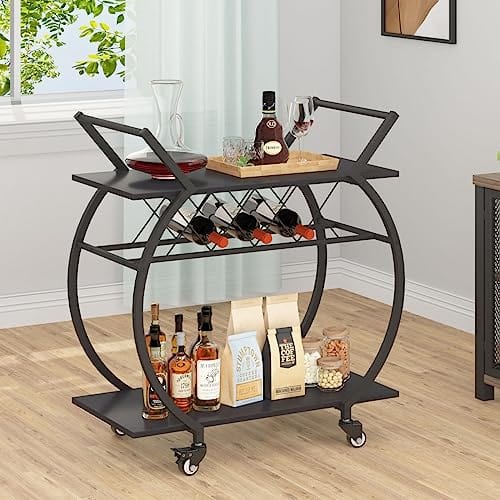 LVB Black Wine Cart with Wheels, Modern Bar Cart with Wine Rack, Industrial Beverage Rolling Kitchen Serving Cart with Storage, Metal Wooden Microwave Drink Liquor Cart for Home Dining Room, Black Oak Discount