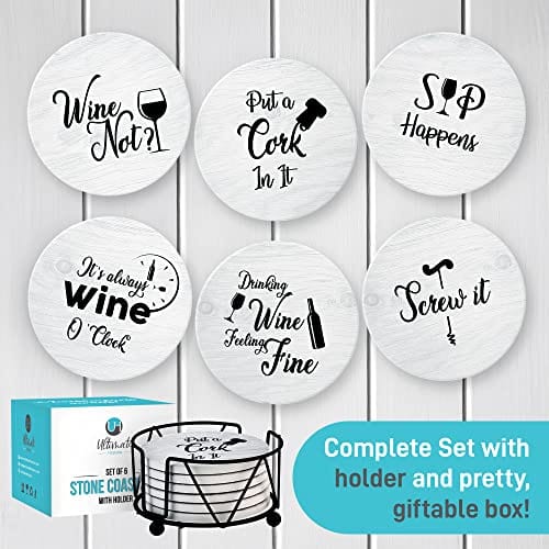 Coasters for Drinks Absorbents with Holder - 6 Pcs Gift Set with 6 Funny Sayings for Wine Lovers - Ceramic Stone with Corked Back, Unique Present for Housewarming, Living Room Decor Online Sale