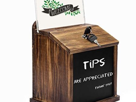 MyGift Rustic Burnt Wood Wall Mountable Restaurant Tip, Fundraising Donation Money Collection Comment Ballot Box with Lock and Key, Clear Acrylic Sign Holder and Chalkboard Surface Fashion