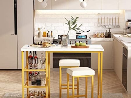 AWQM Bar Table Set for 2, Dining Table and Chairs Set, Kitchen Table Set with 3 Storage Shelf, Faux Mable Bar Table with 2 Stools, Gold and White Island Table Set, Space Saving Online now