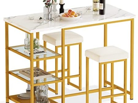 AWQM Gold Bar Table Set for 2,Kitchen Table with Storage Faux Marble Counter Height Table with Stools Bar Table and Chairs Set,Dinning Table Set for Small Space For Sale