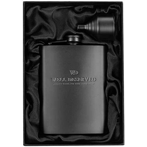 Matte Black Flask 8 oz + Black Funnel + Black Canvas Pouch. Gift Set, Classy Packaging. Engraved Well-Deserved. Stainless Steel Hip Flask For Liquor For Men Online