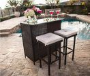 SUNCROWN Outdoor Bar Set 3-Piece Brown Wicker Patio Furniture - Glass Bar and Two Stools with Cushions for Patios, Backyards, Porches, Gardens or Poolside Fashion