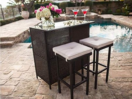 SUNCROWN Outdoor Bar Set 3-Piece Brown Wicker Patio Furniture - Glass Bar and Two Stools with Cushions for Patios, Backyards, Porches, Gardens or Poolside Fashion