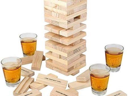 ArtCreativity Tumbling Tower Drinking Game, Drinking Game with 4 Glasses and 60 Wooden Blocks with Challenges, Fun House Party Games for Game Night, Great Gift Idea Online now