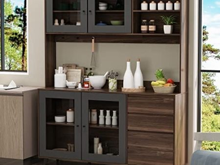 AIEGLE Large Kitchen Hutch Storage Cabinet, Pantry Cabinets with Hutch, Freestanding Cupboard with 4 Doors, 4 Drawers & Microwave Shelf, Kitchen Storage Buffet, Dark Walnut (63  W x 15.7  D x 74.8  H) Fashion