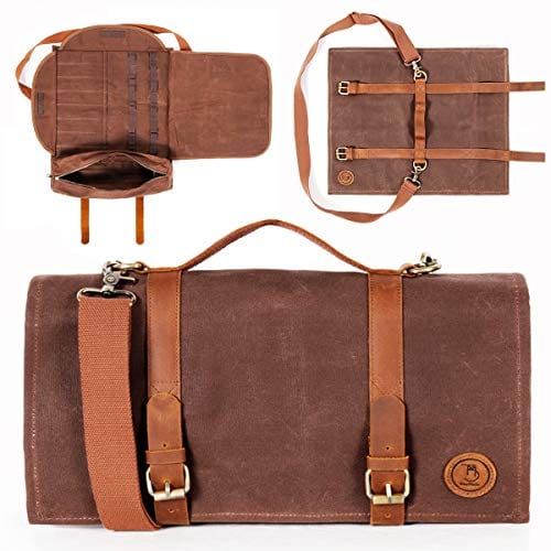 Beemojo Bartender Tool Bag Waxed Canvas Water Resistant Adjustable Shoulder Straps Genuine Leather Handles 16 Pockets Holds 33oz Bottle Mobile Travel Design - Bag ONLY Supply