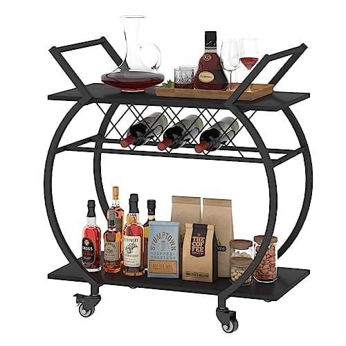 LVB Black Wine Cart with Wheels, Modern Bar Cart with Wine Rack, Industrial Beverage Rolling Kitchen Serving Cart with Storage, Metal Wooden Microwave Drink Liquor Cart for Home Dining Room, Black Oak Discount