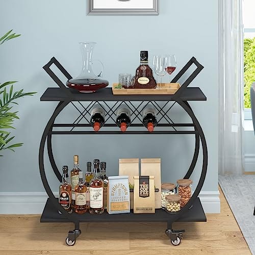 LVB Black Wine Cart with Wheels, Modern Bar Cart with Wine Rack, Industrial Beverage Rolling Kitchen Serving Cart with Storage, Metal Wooden Microwave Drink Liquor Cart for Home Dining Room, Black Oak Discount