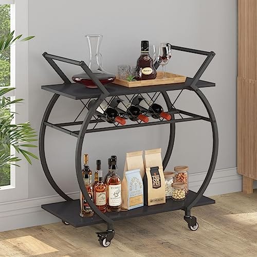 LVB Black Wine Cart with Wheels, Modern Bar Cart with Wine Rack, Industrial Beverage Rolling Kitchen Serving Cart with Storage, Metal Wooden Microwave Drink Liquor Cart for Home Dining Room, Black Oak Discount