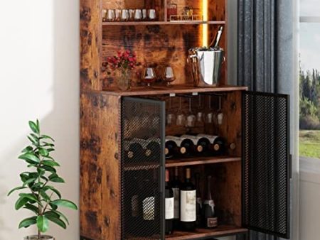 Auromie Wine Bar Cabinet with LED Lights, 4-Tier Coffee Bar Cabinets with Storage Shelves, Industrial Kitchen Storage Cabinet with Wine Rack, Freestanding Liquor Cabinet with Glass Holder, Rustic Online now