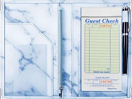 Marble Server Books Guest Check Holders with 9 Pockets Includes Zipper Pouch with Pen Holder Fit Server Apron for Restaurant Waiter Waitress (Blue, 1 Pack) Supply