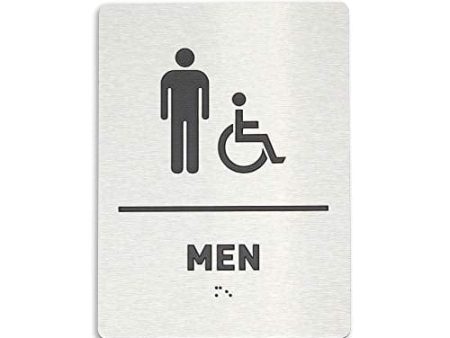 Men Restroom Identification Sign - Wheelchair Accessible, ADA Compliant Bathroom Sign, Raised Icons, Raised Braille, Brushed Aluminum, TCO Inspection Certified (6 W x 8 H) - by GDS For Discount