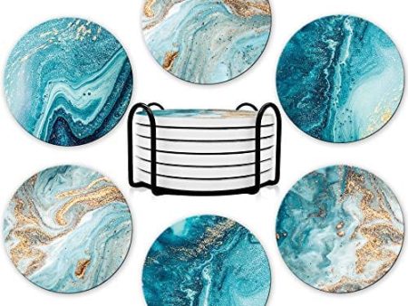 Dooke Coasters for Drinks, Round Absorbent Ceramic Stone Coasters Set of 6 with Cork Base, Funny Drink Coasters with Holder for Cold Drinks Wine Mugs and Cups Tabletop Protection, 4 Inches,Teal Marble on Sale