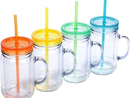 Zephyr Canyon Plastic Mason Jars with Handles, Lids and Straws | 20 oz Double Insulated Tumbler with Straw | 4 Pack Set of 4 | Wide Mouth Mason Jar Mugs | Cups for Kids and Adults… Sale