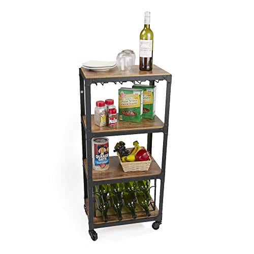 Mind Reader Mobile Kitchen Cart with Wine Rack and Stemware Storage, Black Cheap