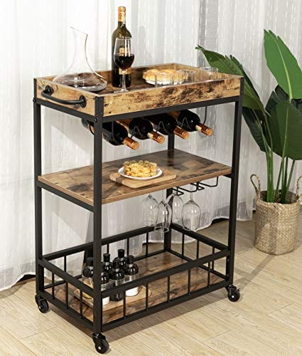 Tayene Bar Serving Cart Home Myra Rustic Mobile Kitchen Serving cart,Industrial Vintage Style Wood Metal Serving Trolley (Rustic Brown-A) For Sale