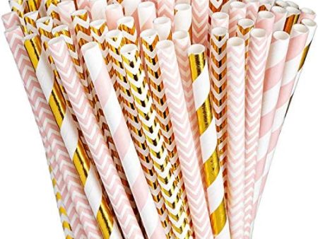 [200 Pack] Pink & Gold Paper Drinking Straws 100% Biodegradable Multi-Pattern Party Straws Online Hot Sale