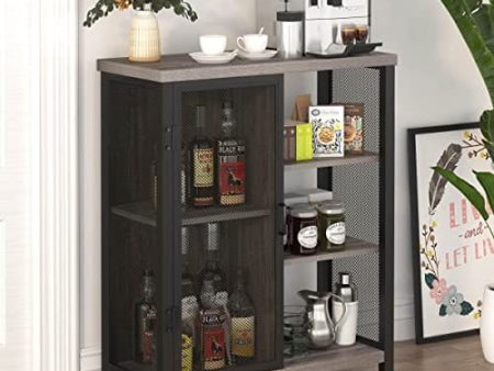 BON AUGURE Farmhouse Coffee Bar Cabinet with Storage, Industrial Liquor Cabinet with Adjustable Shelves, Rustic Small Buffet and Sideboard for Home (Dark Grey Oak) Online Hot Sale