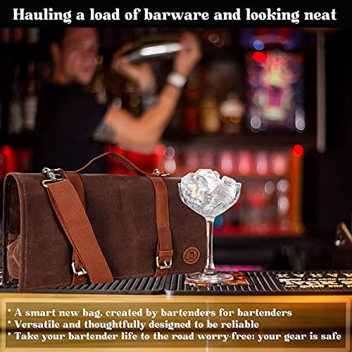 Beemojo Bartender Tool Bag Waxed Canvas Water Resistant Adjustable Shoulder Straps Genuine Leather Handles 16 Pockets Holds 33oz Bottle Mobile Travel Design - Bag ONLY Supply